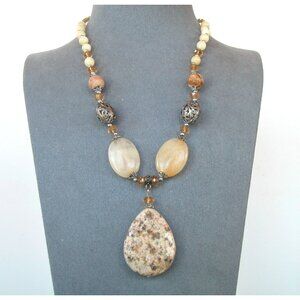 Natural Stone Pendant Necklace With Silver Beads & Lobster Clasp